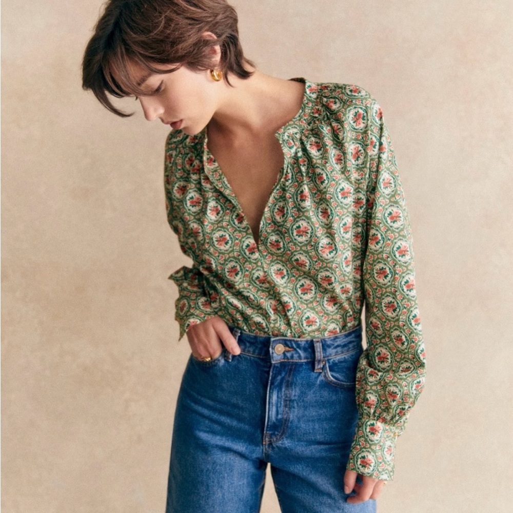 Sézane Carla Floral Green Blouse